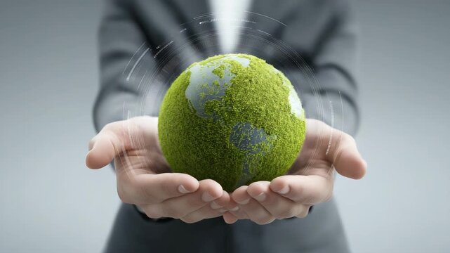 Globale Nachhaltigkeit &ndash; Symbolische Moos-Erde in H&auml;nden mit leuchtenden Energie-Ringen. K&uuml;nstliche Intelligenz KI