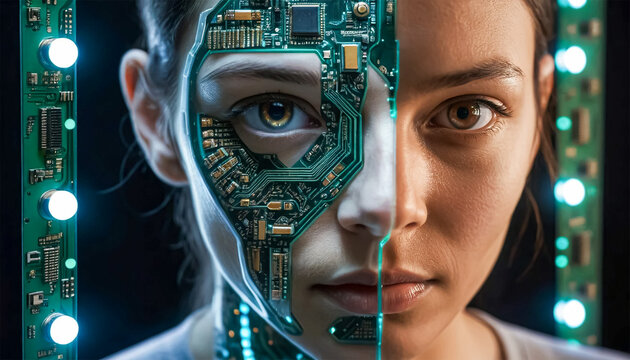 Futuristic woman with circuit board face embodies technology's impact on humanity and AI concept