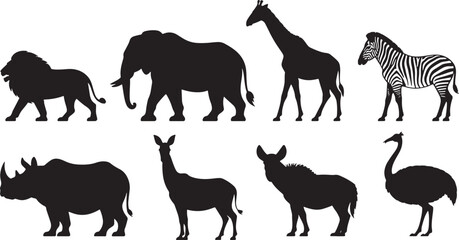 Fototapeta premium African Wildlife Silhouette Collection Diverse Animals Lion Elephant Giraffe Zebra Ostrich Rhino Eland