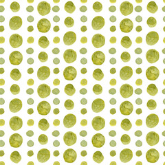 Seamless pattern watercolor geometric olive green circle dot striped white background vertical. Hand drawn round shape geometrical illustration. For wallpaper, wrapping paper, texture, textile, design