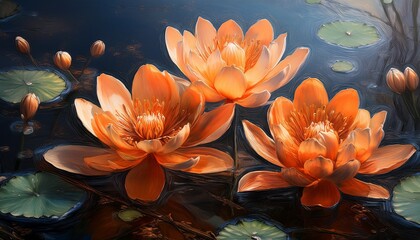 enchanted water lilies serene digital painting of orange blossoms
