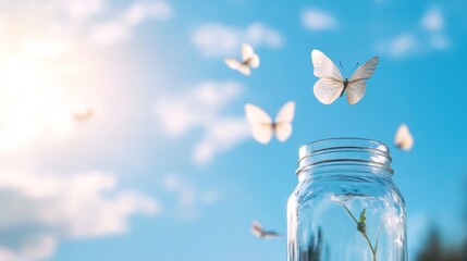 Butterfly freedom concept from glass jar on a sunny day