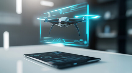 Futuristic holographic drone projection above tablet. Advanced aerial technology concept for modern surveillance, delivery, and unmanned flight innovation.