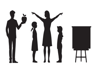 A silhouette set depicts a group of educators and pupils engaging in classroom activities.