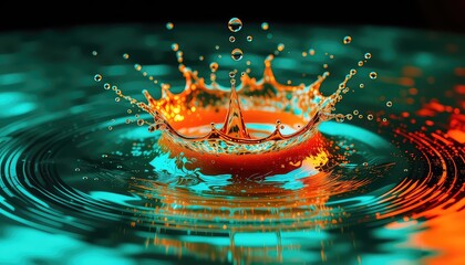 A Vivid Dance of Liquid Majesty Drops Collide, Forming a Crown of Orange and Teal in a Serene Aquatic Realm