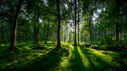 Naklejka premium Verdant forest bathed in golden sunlight casting long shadows across lush green mossy ground woodland