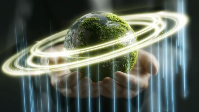 Nachhaltigkeit und Umweltschutz &ndash; Erde aus Moos in sch&uuml;tzenden H&auml;nden mit leuchtenden Energieeffekten. K&uuml;nstliche Intelligenz KI