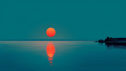 Vivid orange sun reflecting on calm teal ocean water with distant rocky shoreline sunset reflection