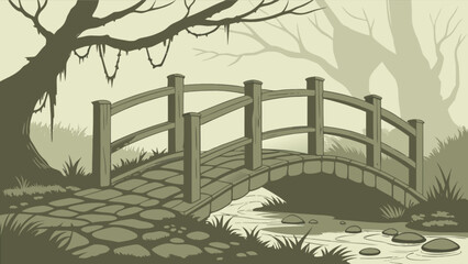 Scenic landscape drawing of an old stone bridge over a river in a forest with trees and nature view