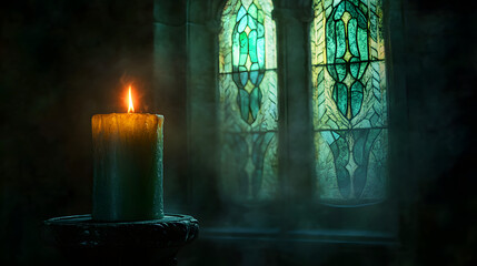 Burning candle in atmospheric light illuminates a historic stained glass window