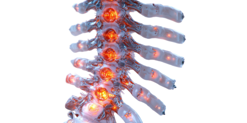 Futuristic Spine With Glowing Discs. Advanced Biomedical Technology And Spinal Health Concept Isolated On Transparent Background