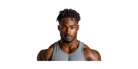 Muscular Male Athlete In Gray Tank Top. Strength And Fitness Concept Isolated On Transparent Background