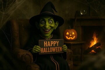 happy witch congratulating Halloween