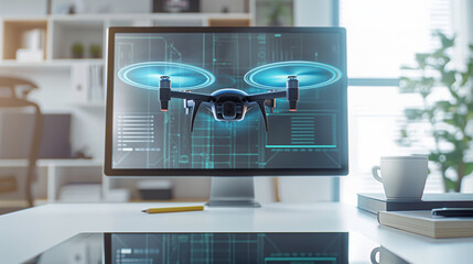 futuristic drone hologram on computer monitor. high-tech augmented reality uav design for innovative aerial technology, engineering development, and digital prototyping. 