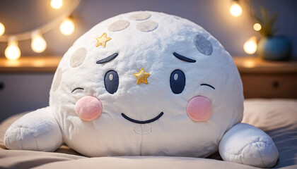 Adorable moon plushie with rosy cheeks and stars for a whimsical nursery or child's bedroom decoration