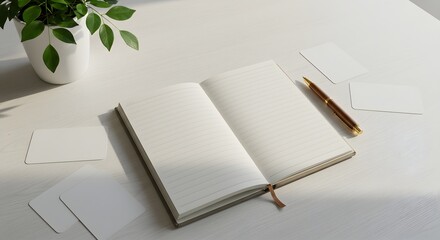 A Fresh Start Open Notebook and Blank Cards on a Sunlit Minimalist Desk.