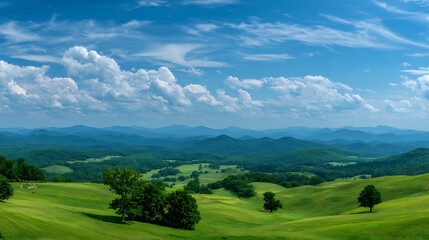 Verdant rolling hills under a vast blue sky with scattered clouds landscape green