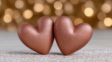 Obraz premium Two golden hearts on sparkling surface romantic concept