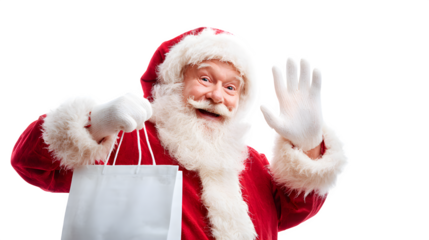 Santa Claus holding a gift bag on white background 