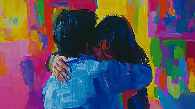 Two figures embrace in front of a vibrant abstract wall.
