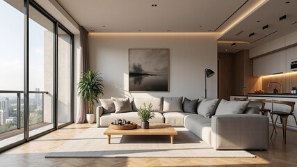 modern living room with kitchen