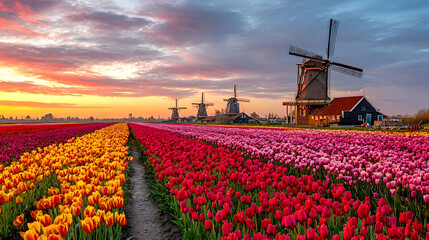 Vibrant Dutch tulips bloom under a colorful sunset sky with historic windmills flowers Netherlands