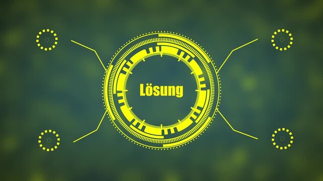 Futuristic H U D Element Yellow Circular Interface with German Word L&ouml;sung Solution on Blurred
