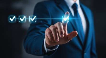 Professional businessman interacting with a digital checklist interface showing completed tasks with glowing checkmarks