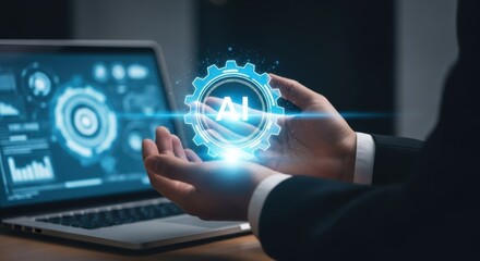 Businessman interacting with futuristic holographic interface displaying complex data and digital gearwork technology