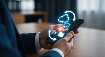 Businessman s hand holding a smartphone displaying glowing cloud computing and data transfer icons with digital technology interface