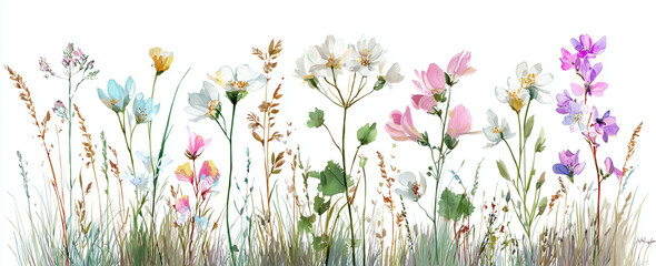 Watercolor flowers present a light texture. Ideal for soft backgrounds, social media designs, and print materials.