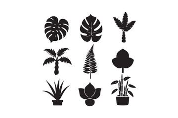 Collection of silhouetted tropical plant leaves and potted plants