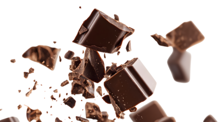 A close up of chocolate pieces flying through the air. Concept of excitement and indulgence, as the chocolate is being broken apart and scattered in all directions