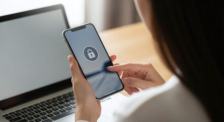 Phishing, mobile phone hacker or cyber scam concept. Password and login pass code in smartphone. Online security threat and fraud. Female scammer with cellphone and laptop. Bank account security