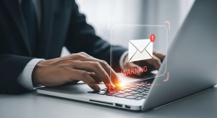 Professional typing on laptop keyboard with digital email notification and communication concept overlay