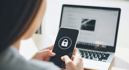 Phishing, mobile phone hacker or cyber scam concept. Password and login pass code in smartphone. Online security threat and fraud. Female scammer with cellphone and laptop. Bank account security