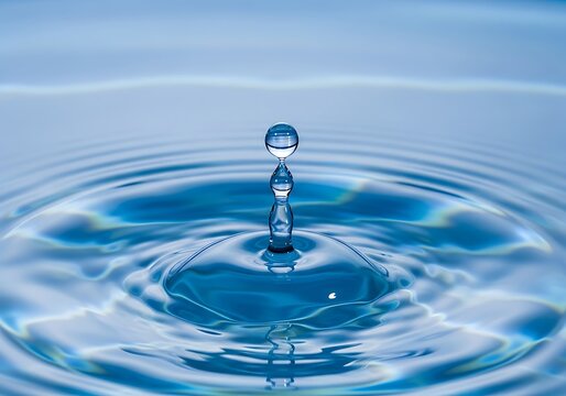 A single perfectly formed water droplet suspended mid air above concentric ripples on a serene blue surface