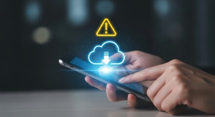 Hands holding a smartphone displaying a glowing cloud download icon with a warning symbol above signifying digital data transfer issues