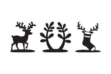 Christmas silhouette icons of deer and festive stocking