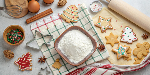 Capturing the joy of christmas baking with beautifully decorated cookies, flour dusted surfaces, fresh eggs, aromatic spices, and essential tools for a festive atmosphere