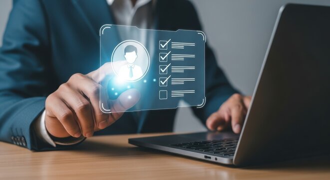 Professional interacting with a futuristic digital interface displaying security protocols and a checklist for enhanced data protection measures