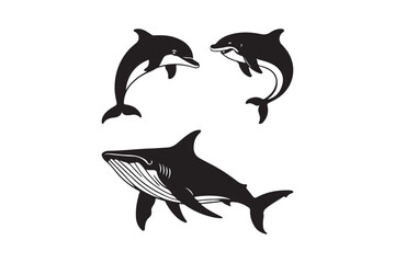 Whimsical black and white illustration of dolphins and a whale
