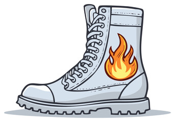 Vibrant Cartoon Combat Boot with Fiery Flame Emblem Illustration