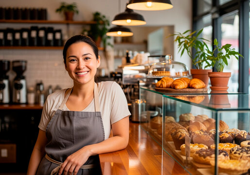 Female baker smiling at cafe counter, bakery business, fresh pastry display