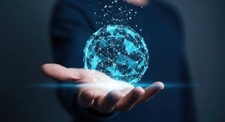 Hand holding a glowing futuristic digital sphere composed of interconnected data points and light particles