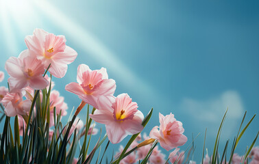 Fototapeta premium pink daffodils in the grass, blue sky with sun rays, high-resolution photography, spring, flower, daffodil, narcissus