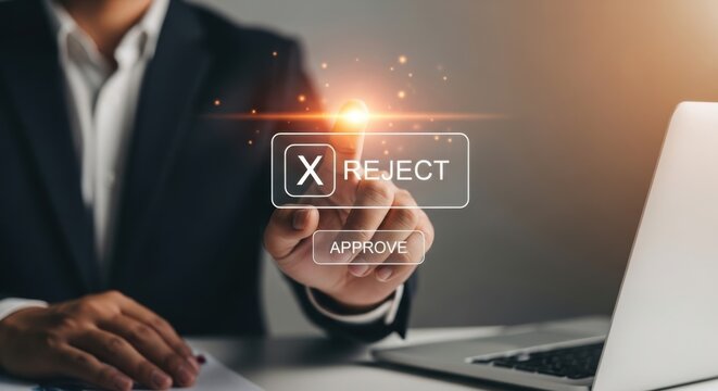 Professional businessperson s hand interacting with a digital interface displaying a reject button and login prompt