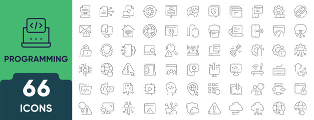 Programming and coding icon set in linear style. A collection of 66 outline icons representing software development, coding, scripting, and digital technologies. Editable stroke.