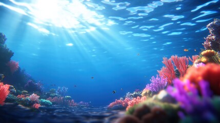Naklejka premium Underwater coral reef scene with sunlight breaking through the surface