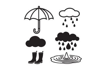 Hand drawn weather icons featuring umbrella rain boots and clouds